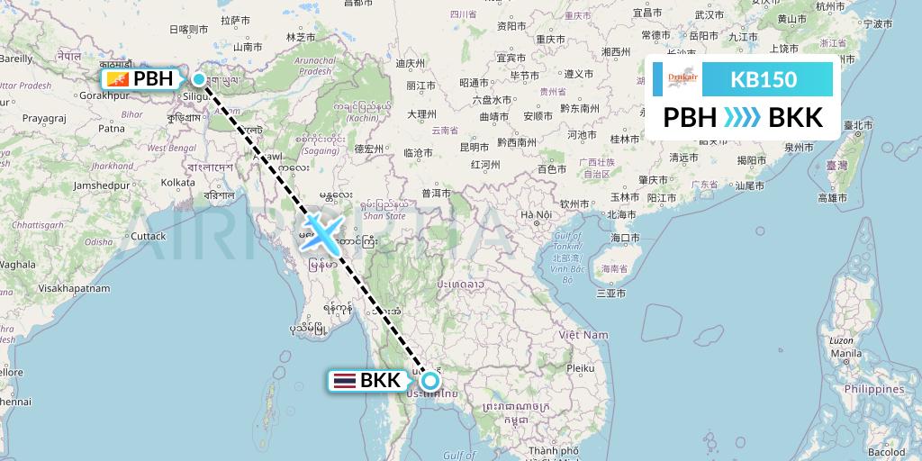 KB150 Druk Air Flight Map: Paro to Bangkok