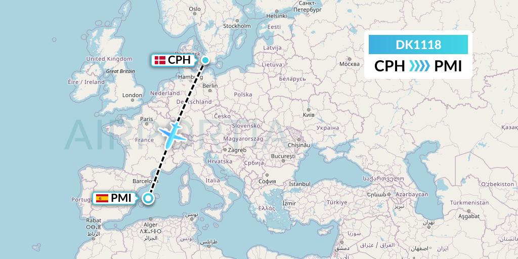 DK1118 Thomas Cook Airlines Scandinavia Flight Map: Copenhagen to Palma de Mallorca