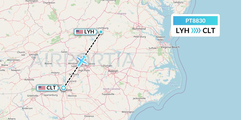 PT8830 Piedmont Airlines Flight Map: Lynchburg to Charlotte