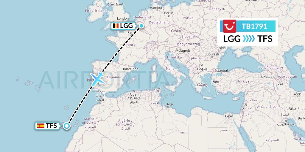 TB1791 TUI fly Belgium Flight Map: Liege to Tenerife