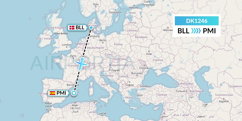 DK1246 Thomas Cook Airlines Scandinavia Flight Map: Billund to Palma de Mallorca