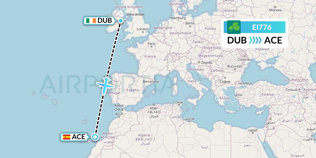 EI776 Aer Lingus Flight Map: Dublin to Lanzarote