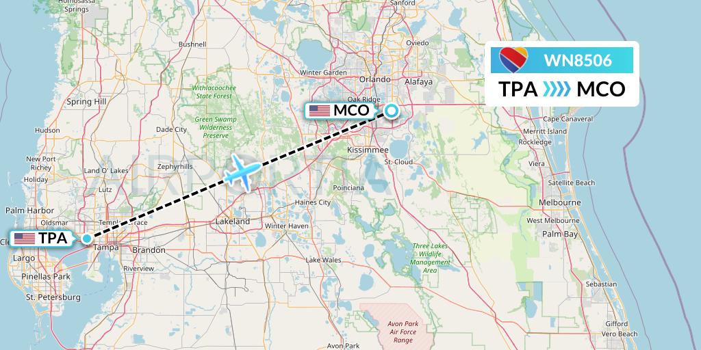 WN8506 Southwest Airlines Flight Map: Tampa to Orlando