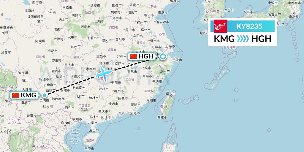 KY8235 Kunming Airlines Flight Map: Kunming to Hangzhou