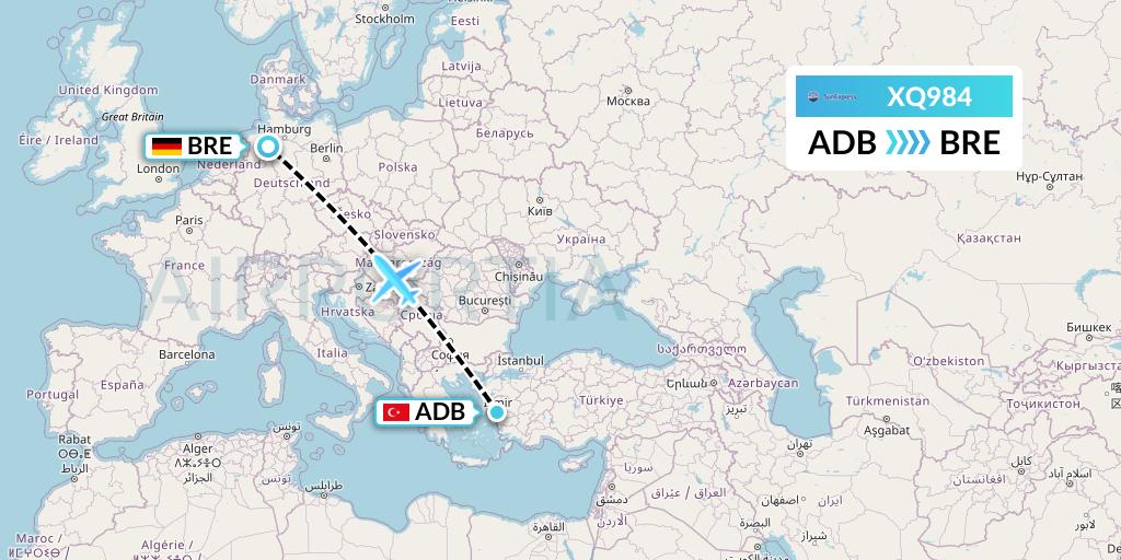 XQ984 SunExpress Flight Map: Izmir to Bremen