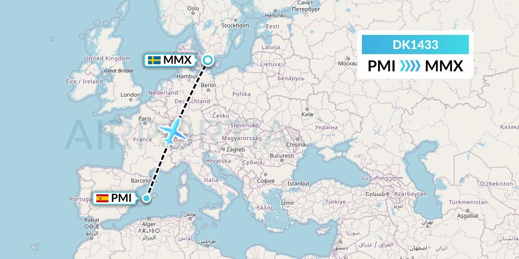 DK1433 Thomas Cook Airlines Scandinavia Flight Map: Palma de Mallorca to Malmo