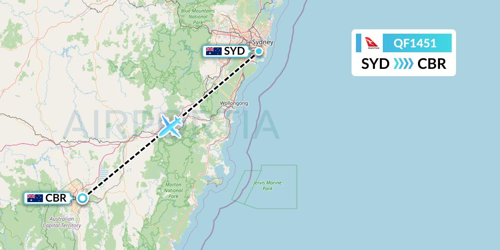 QF1451 Qantas Flight Map: Sydney to Canberra