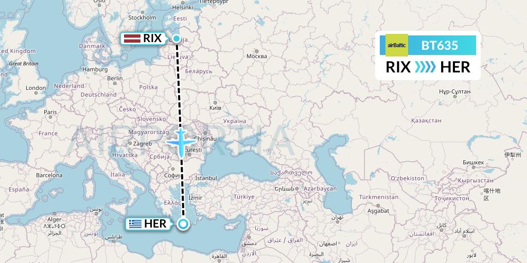 BT635 Air Baltic Flight Map: Riga to Heraklion