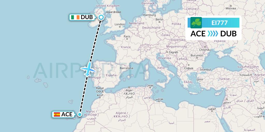 EI777 Aer Lingus Flight Map: Lanzarote to Dublin