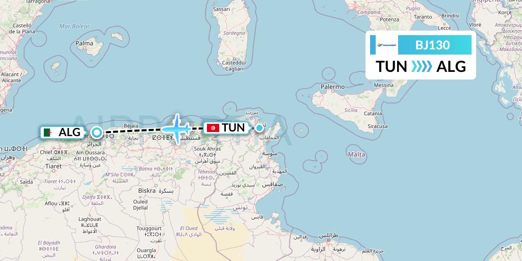BJ130 Nouvelair Tunisie Flight Map: Tunis to Algiers