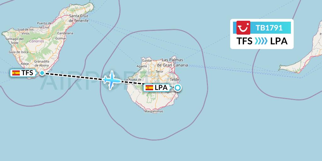 TB1791 TUI fly Belgium Flight Map: Tenerife to Las Palmas
