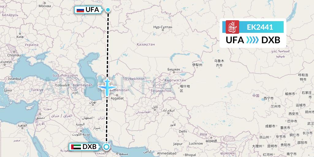 EK2441 Emirates Flight Map: Ufa to Dubai