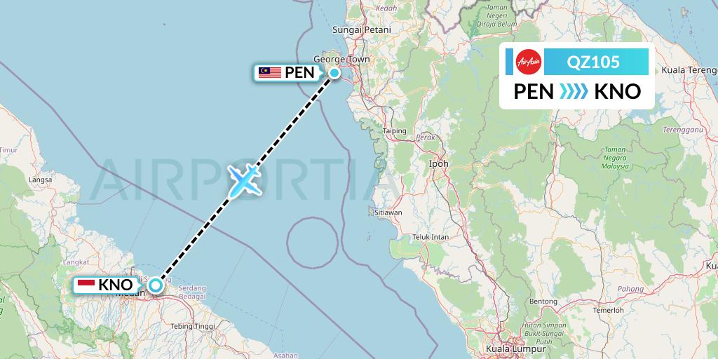 QZ105 Indonesia AirAsia Flight Map: Penang to Medan