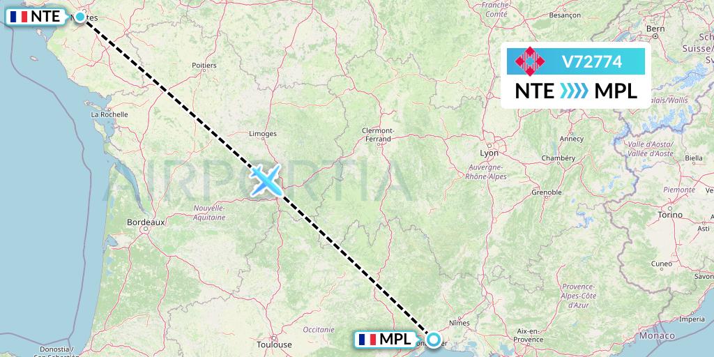 V72774 Volotea Flight Map: Nantes to Montpellier