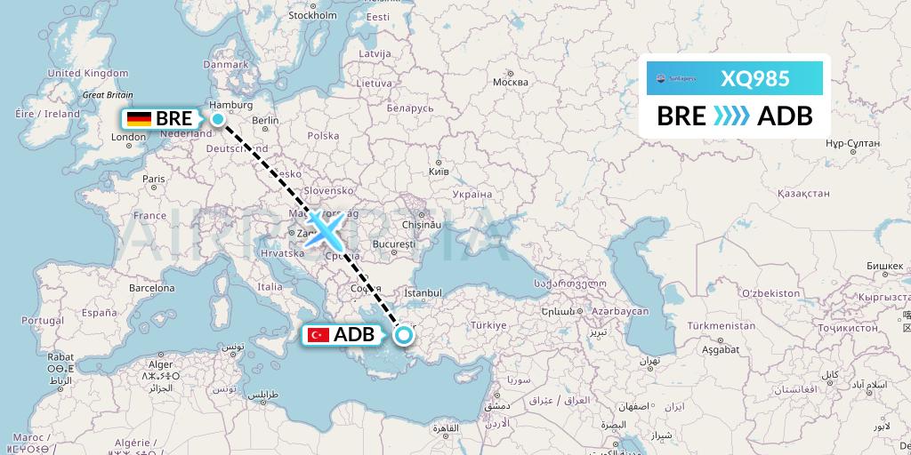 XQ985 SunExpress Flight Map: Bremen to Izmir