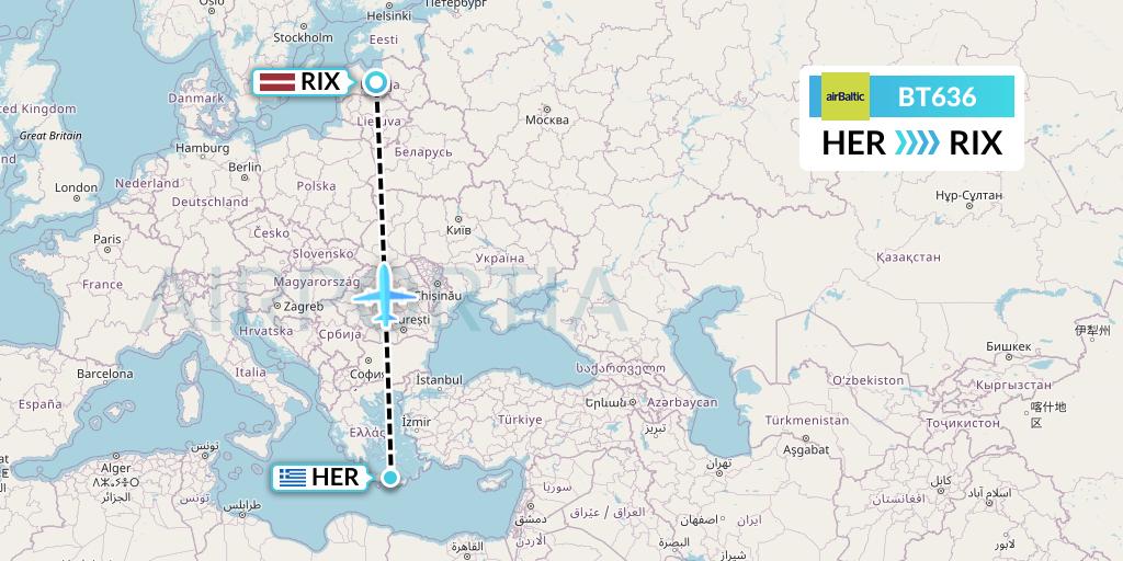 BT636 Air Baltic Flight Map: Heraklion to Riga