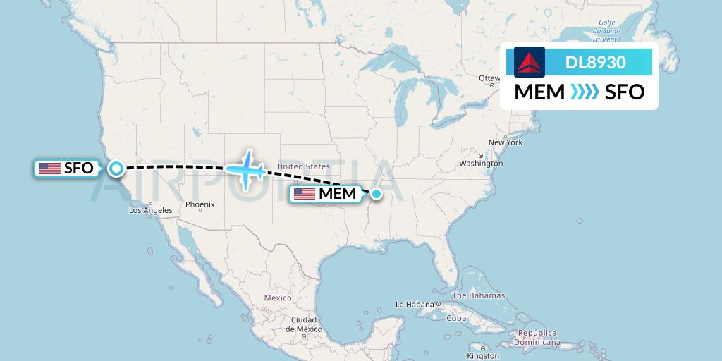 DL8930 Delta Air Lines Flight Map: Memphis to San Francisco