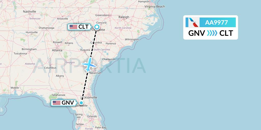 AA9977 American Airlines Flight Map: Gainesville to Charlotte