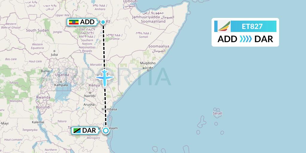 ET827 Ethiopian Airlines Flight Map: Addis Ababa to Dar-es-Salaam