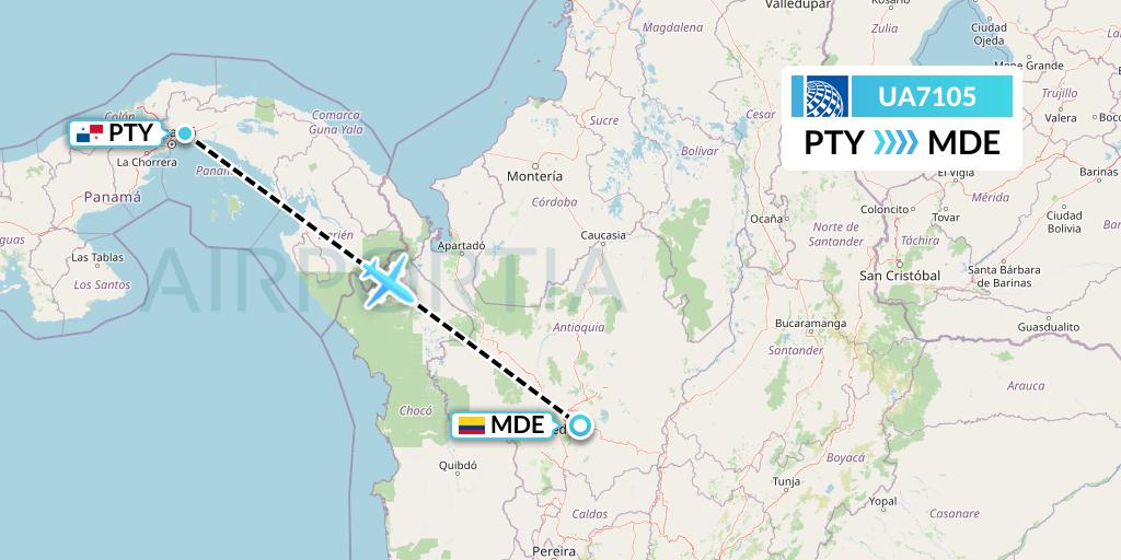 UA7105 United Airlines Flight Map: Panama City to Medellin