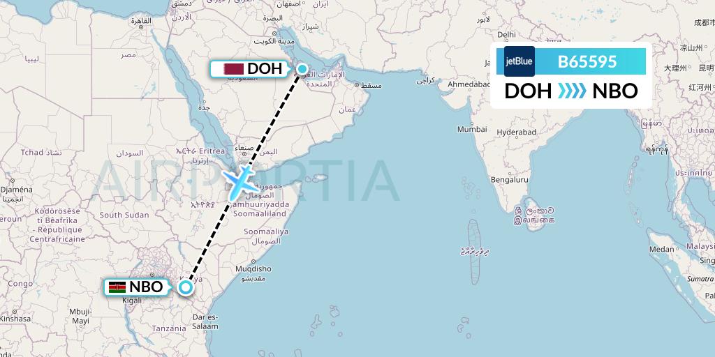 B65595 JetBlue Airways Flight Map: Doha to Nairobi