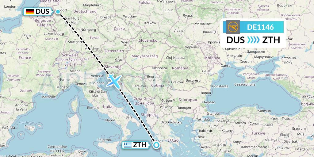 DE1146 Condor Flight Map: Dusseldorf to Zakynthos
