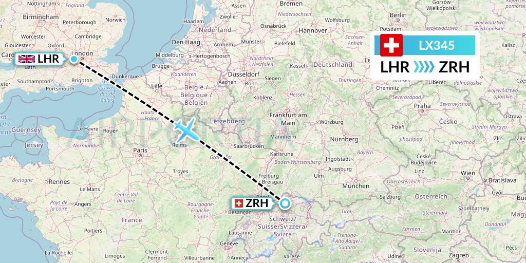LX345 Swiss Flight Map: London to Zurich