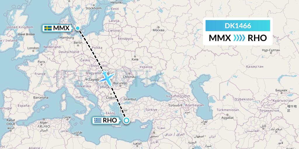 DK1466 Thomas Cook Airlines Scandinavia Flight Map: Malmo to Rhodes