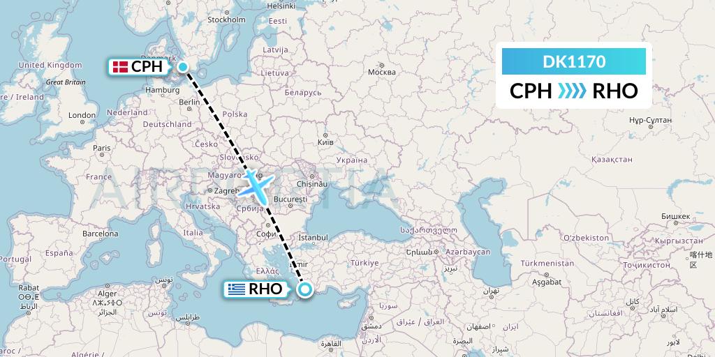DK1170 Thomas Cook Airlines Scandinavia Flight Map: Copenhagen to Rhodes