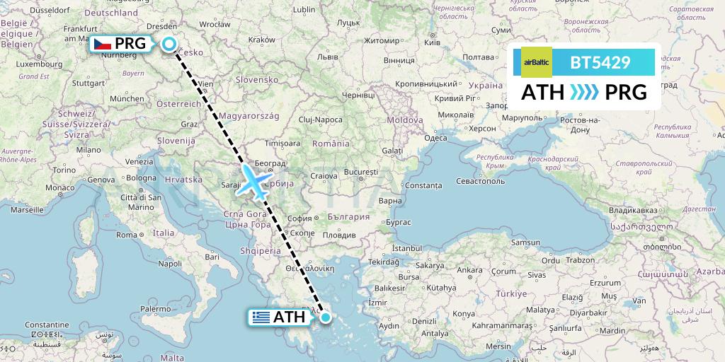 BT5429 Air Baltic Flight Map: Athens to Prague