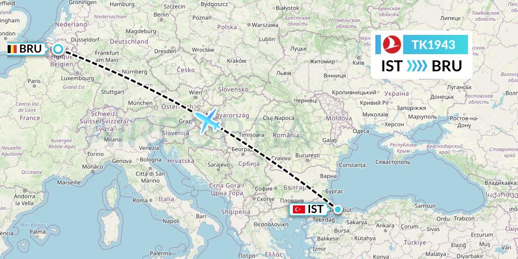 TK1943 Turkish Airlines Flight Map: Istanbul to Brussels