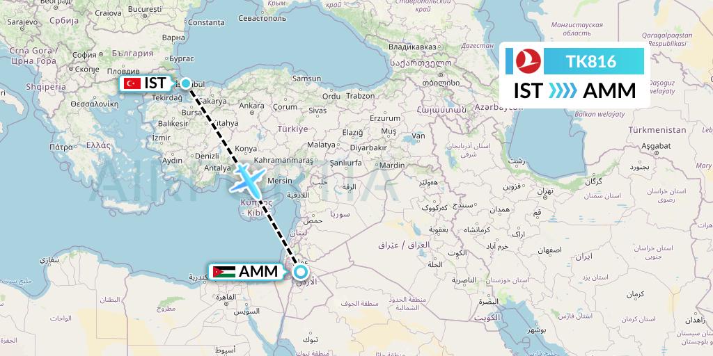 TK816 Turkish Airlines Flight Map: Istanbul to Amman