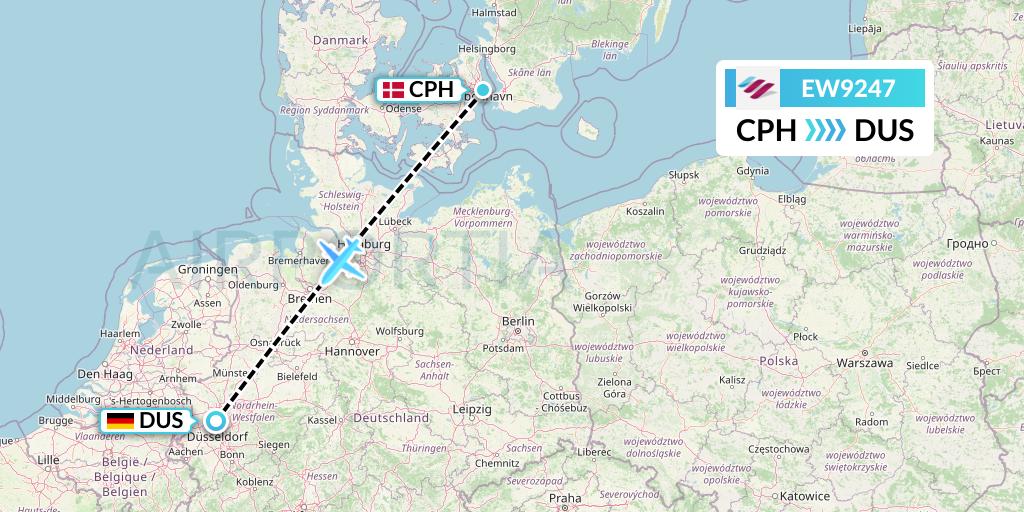 EW9247 Eurowings Flight Map: Copenhagen to Dusseldorf