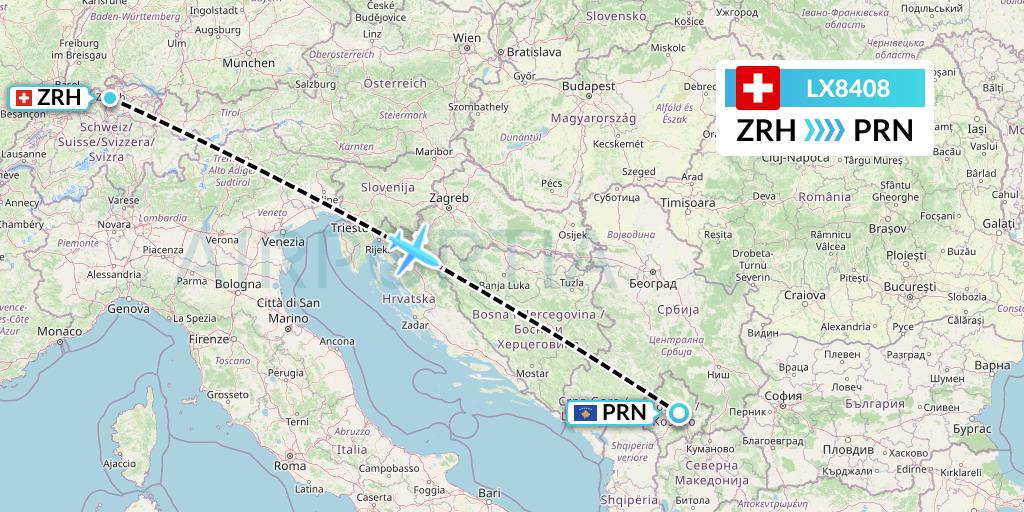 LX8408 Swiss Flight Map: Zurich to Pristina
