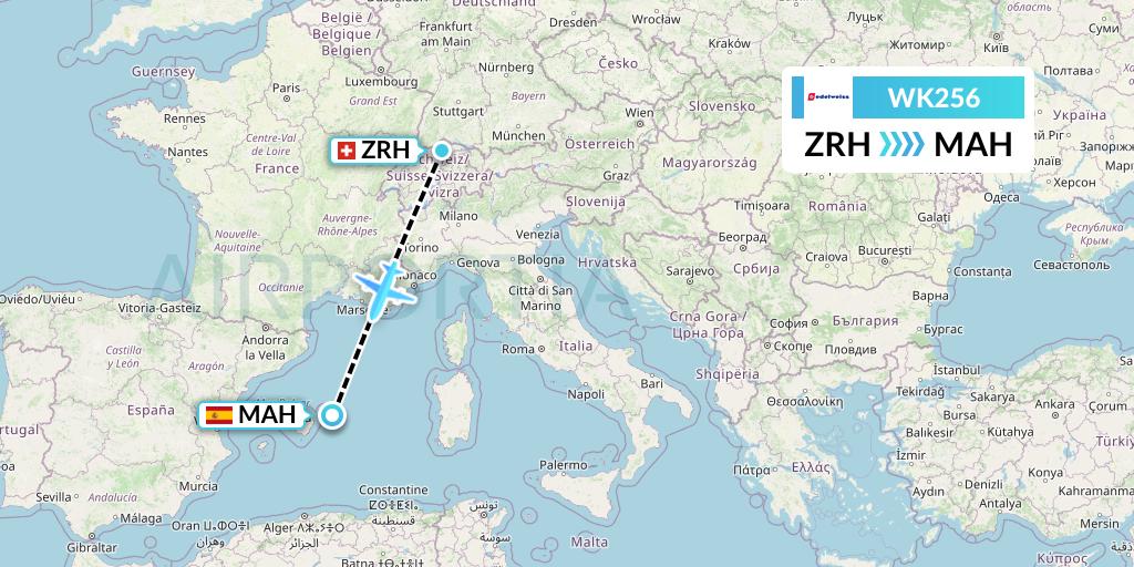 WK256 Edelweiss Air Flight Map: Zurich to Mahon