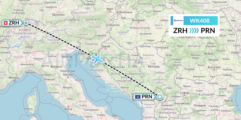 WK408 Edelweiss Air Flight Map: Zurich to Pristina