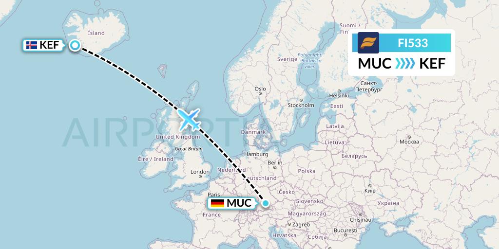 FI533 Icelandair Flight Map: Munich to Reykjavik