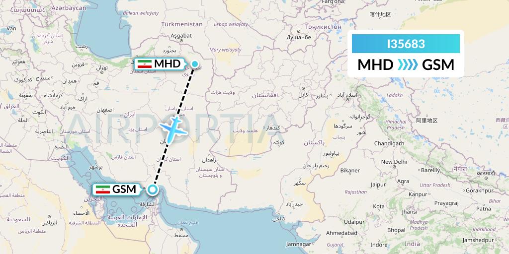 I35683 ATA Airlines Flight Map: Mashhad to Qeshm Island