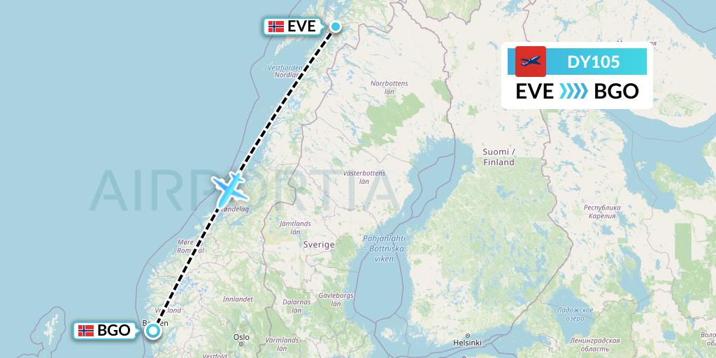 DY105 Norwegian Flight Map: Harstad to Bergen