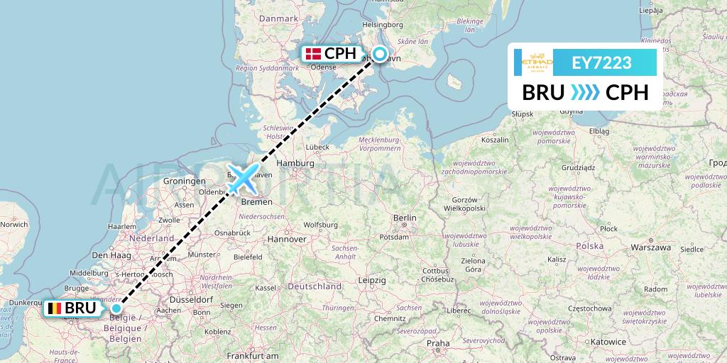 EY7223 Etihad Airways Flight Map: Brussels to Copenhagen