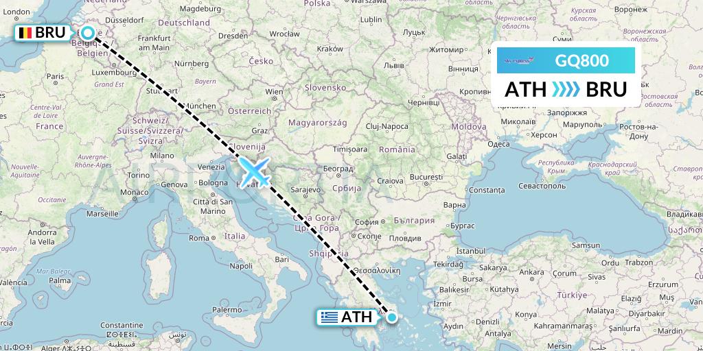 GQ800 Sky Express (Greece) Flight Map: Athens to Brussels