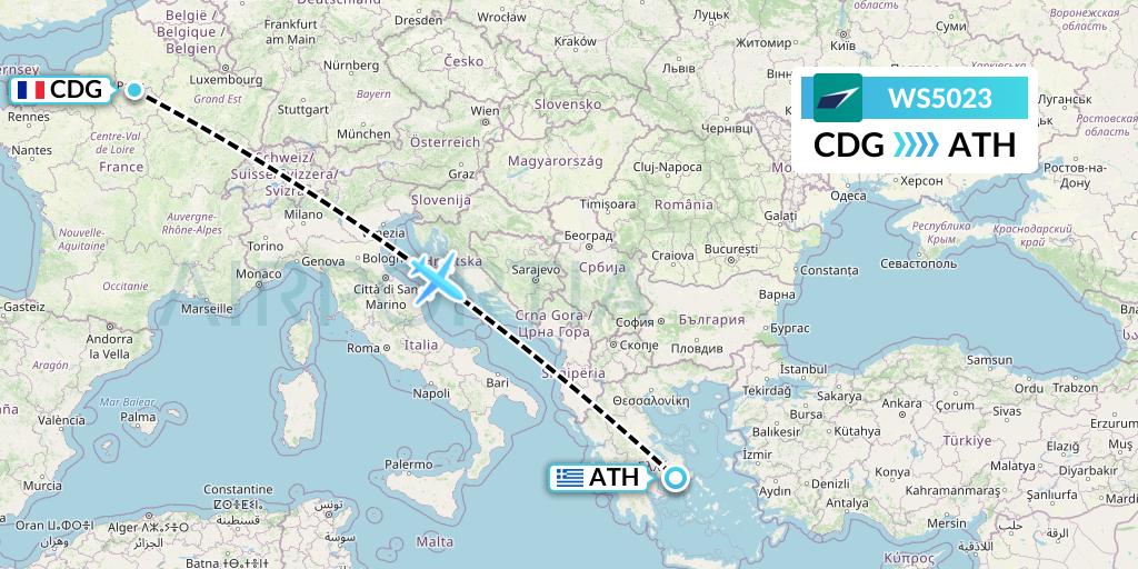 WS5023 WestJet Flight Map: Paris to Athens