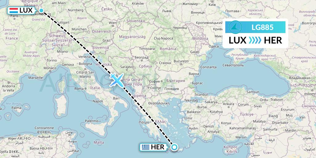 LG885 Luxair Flight Map: Luxembourg to Heraklion