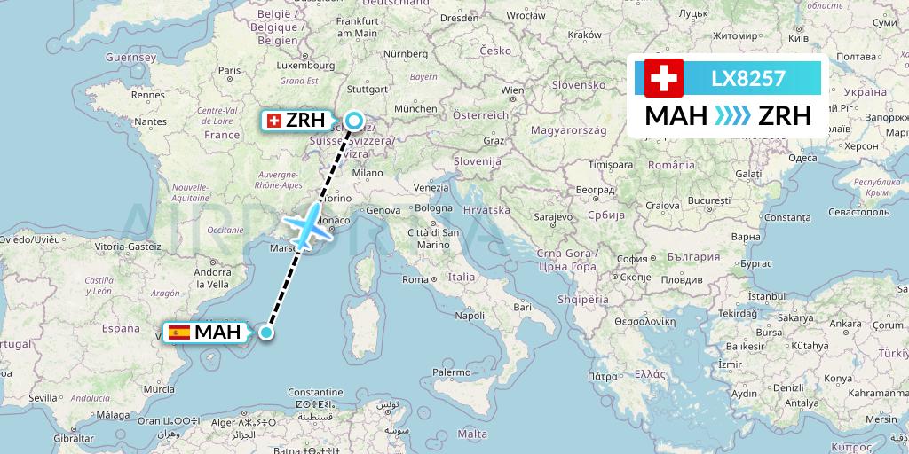 LX8257 Swiss Flight Map: Mahon to Zurich