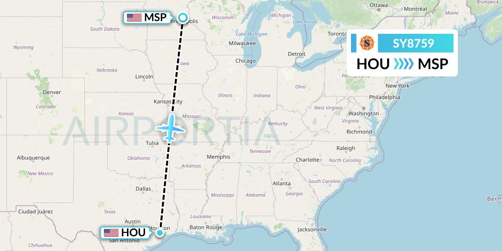 SY8759 Sun Country Airlines Flight Map: Houston to Minneapolis