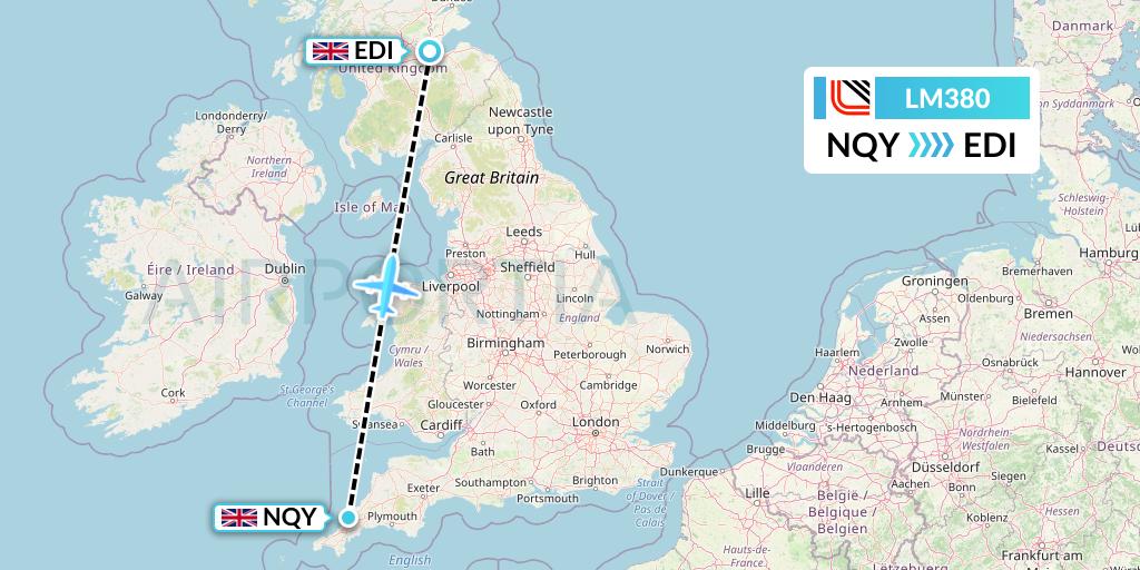 LM380 Loganair Flight Map: Newquay to Edinburgh