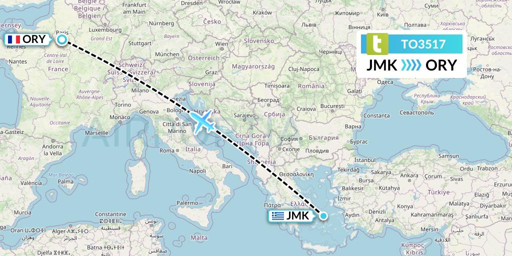 TO3517 Transavia France Flight Map: Mykonos to Paris