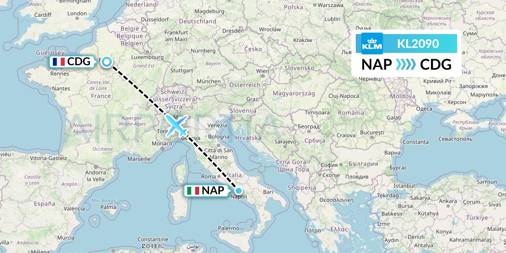 KL2090 KLM Flight Map: Naples to Paris