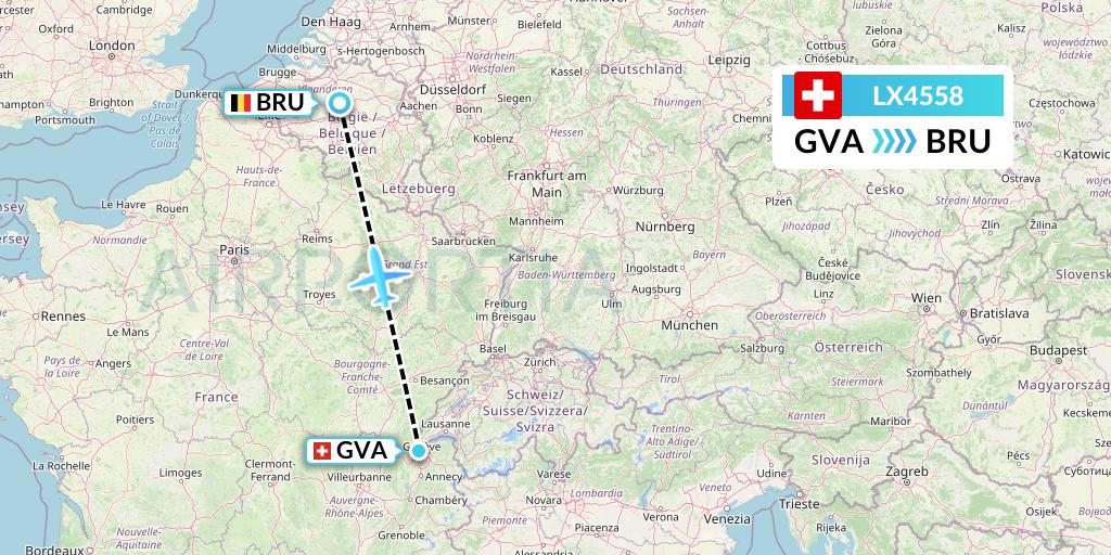 LX4558 Swiss Flight Map: Geneva to Brussels