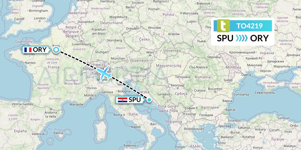 TO4219 Transavia France Flight Map: Split to Paris